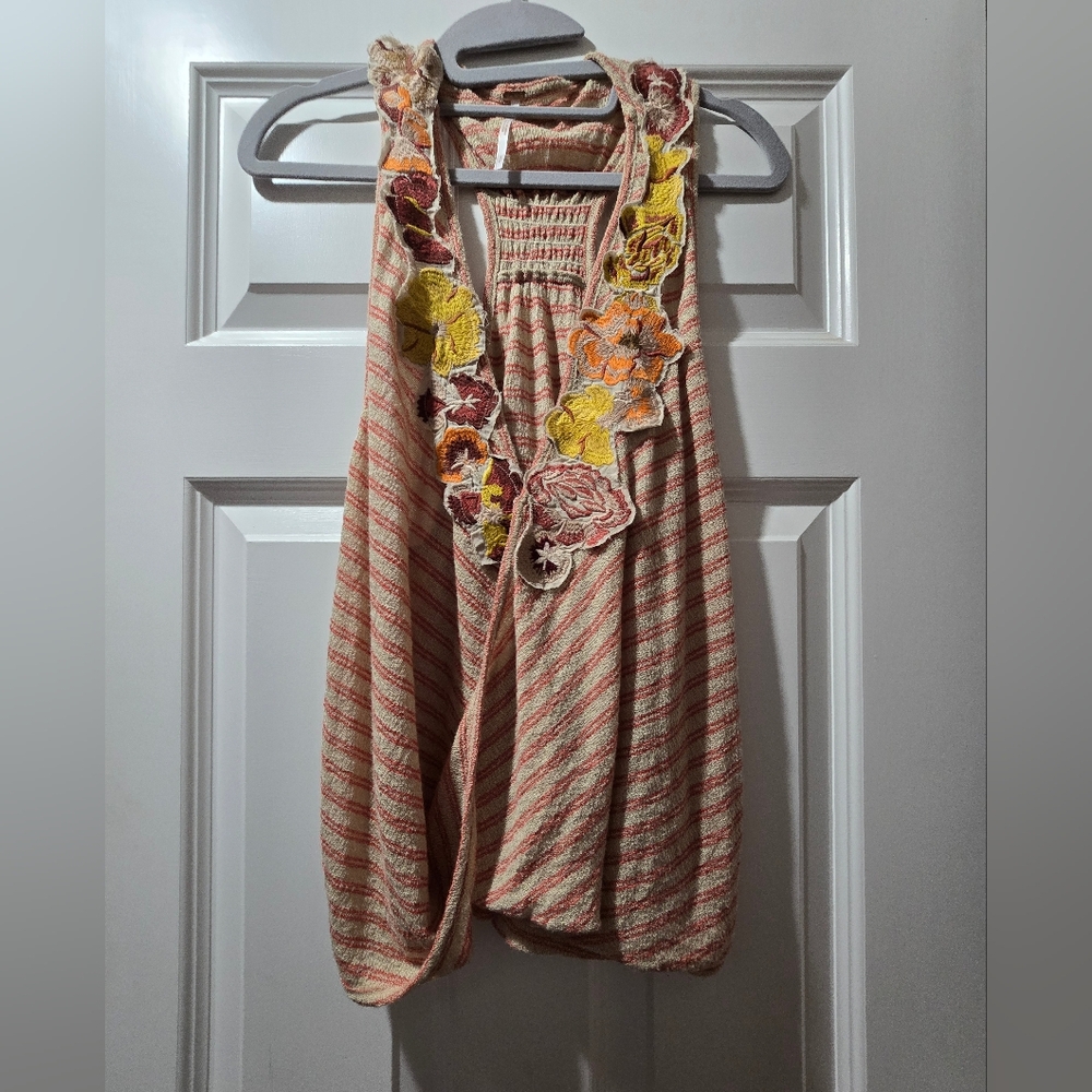 Free People Frida Top. Striped Sleeveless Top with Floral Accents. Like New.